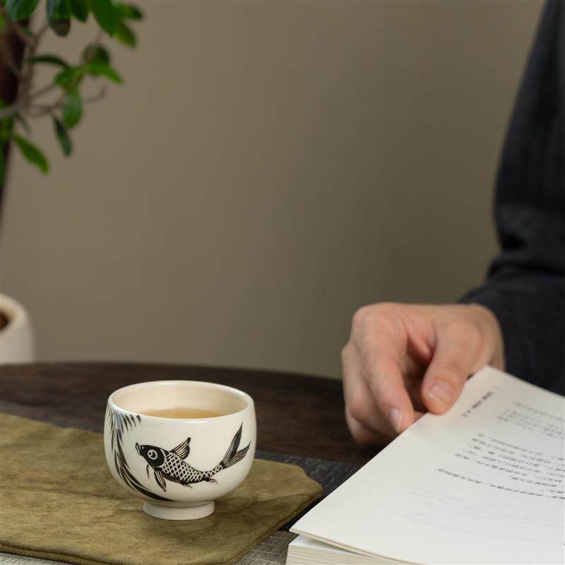 磁州窑纯手工手绘黑白地黑绘茶杯品茗杯陶瓷功夫茶具主人杯