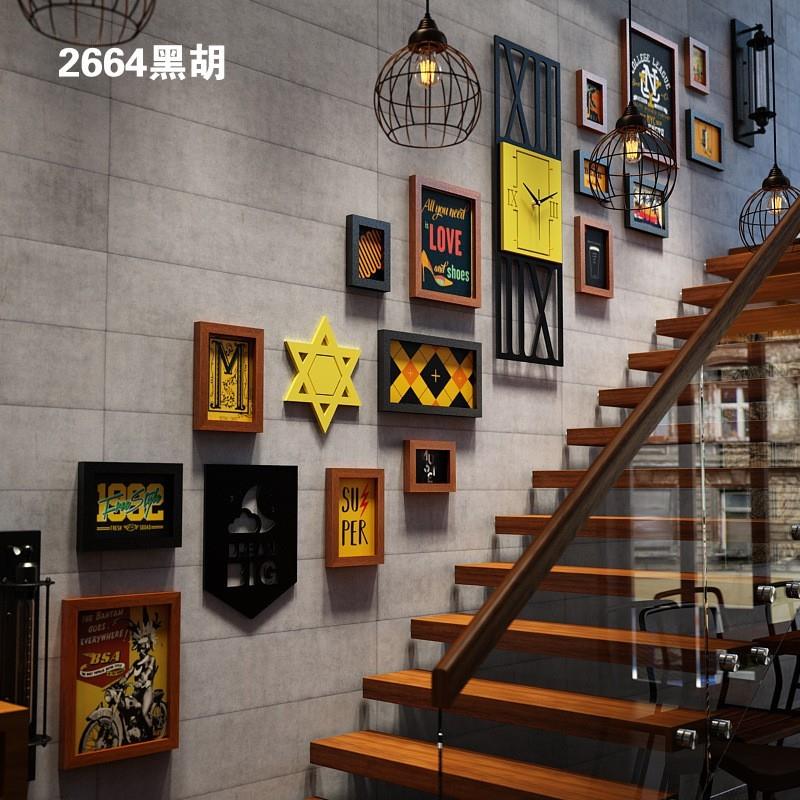 高分子2664复古楼梯照片墙LED灯带组合相框工业风发光装饰画