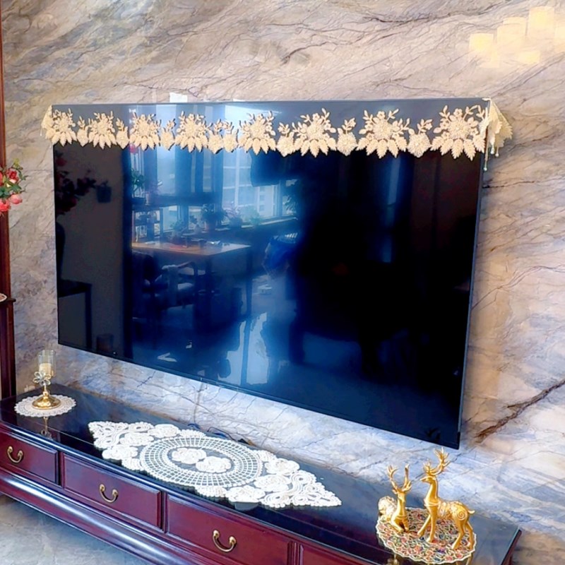 新款轻奢手工串珠蕾丝电视罩电视盖巾防尘挂式开机不取散热坐式巾