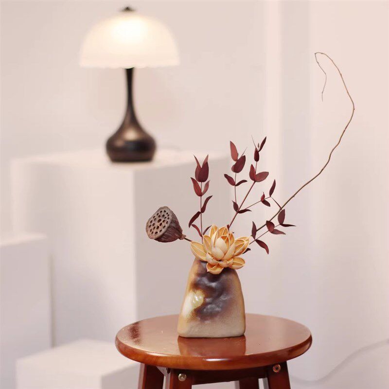 干花花束莲蓬紫荆花真花永生花仿古陶瓷瓶边几斗柜台餐桌装饰摆件