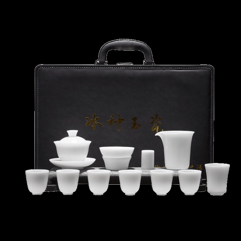 白瓷功夫茶具整套家用潮汕冰种羊脂玉盖碗茶杯全套手工中式礼盒装