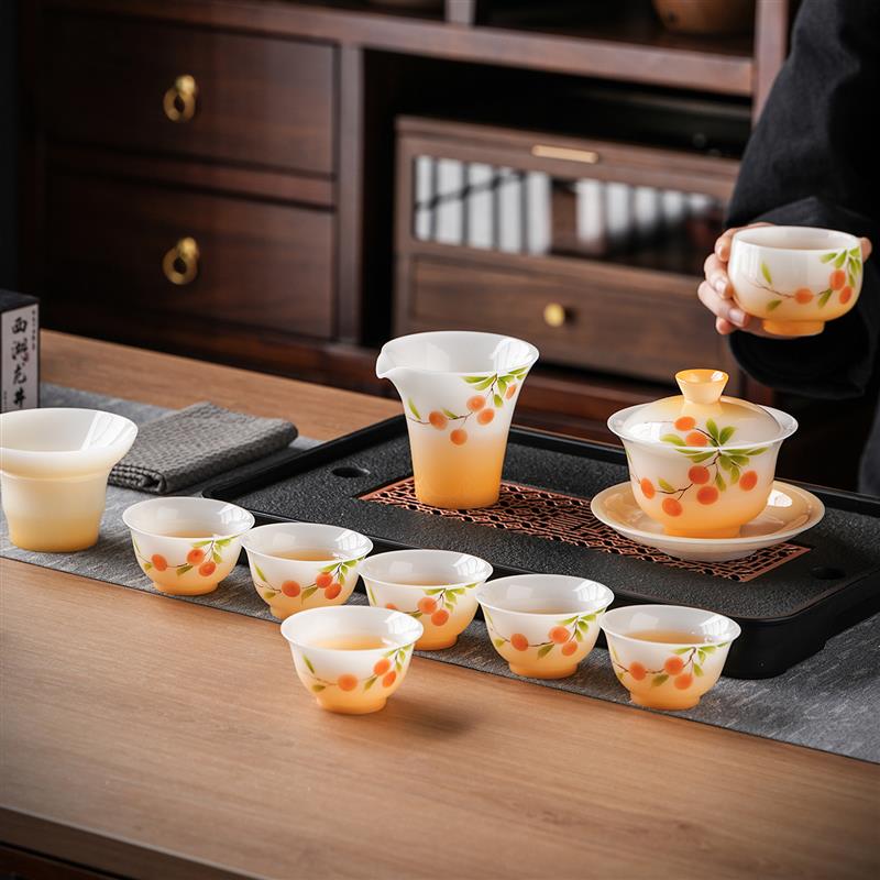 中国白瓷釉下彩手绘茶具套装礼盒羊脂玉高档轻奢家用盖碗茶杯新款