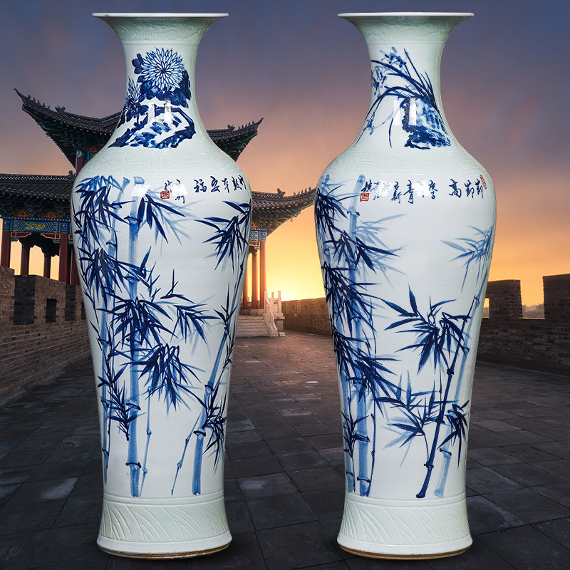 景德镇陶瓷器手绘竹子青花瓷中式客厅新房摆件插花瓷瓶装饰大花瓶