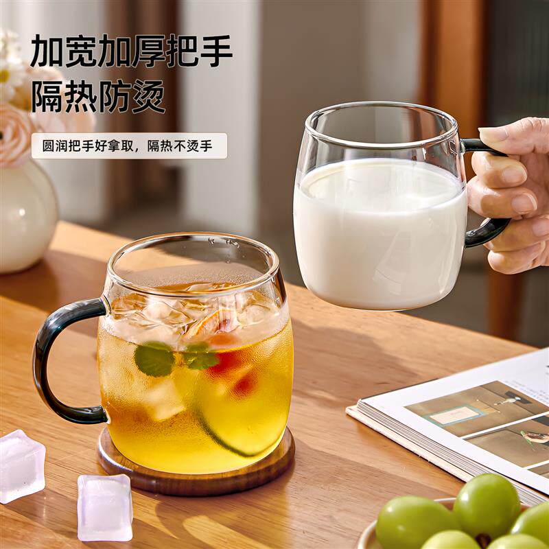 新款玻璃杯耐高温家用待客水杯套装高硼硅带把手喝水茶杯果汁杯子