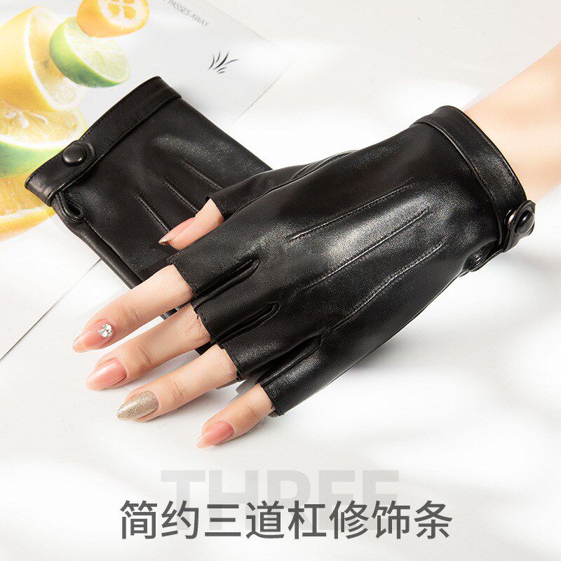 女士皮手套半指户外骑行开车夏季薄款防滑摩托车半指健身羊皮手套