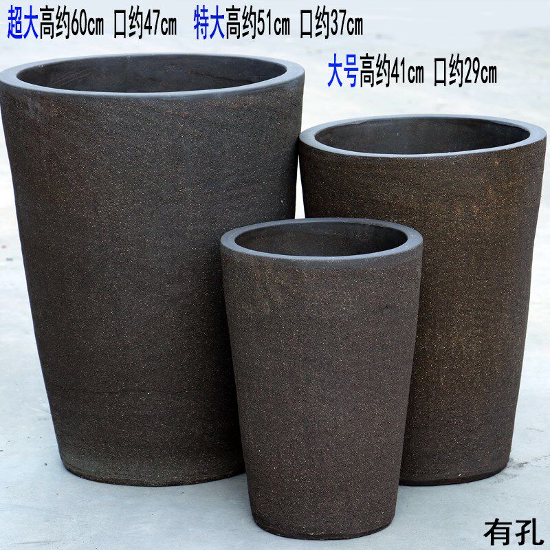 落地粗陶花盆无釉透气老桩盆超大号庭院盆景盆高筒素烧复古陶盆大