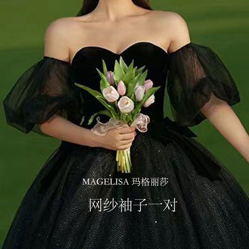 韩式礼服短款黑色网纱手套抹胸婚纱礼服配饰遮手臂袖袖子新娘手套
