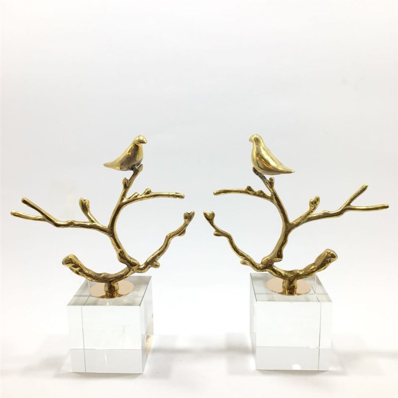 现代新中式金属铜枝小鸟摆件水晶样板房书房客厅创意软装饰品