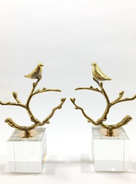 现代新中式金属铜枝小鸟摆件水晶样板房书房客厅创意软装饰品