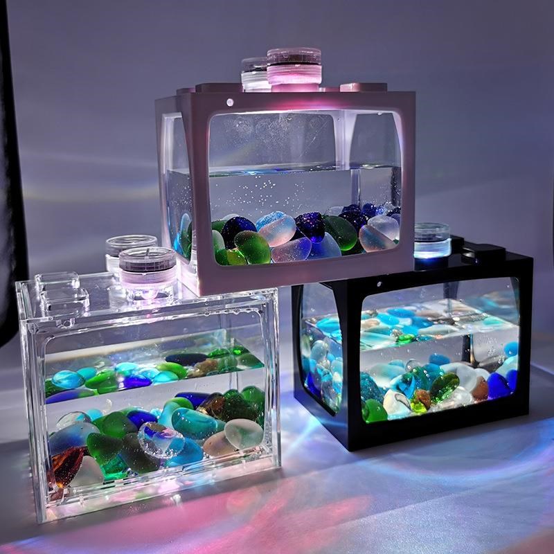 小鱼缸水母创意生态缸微景观斗鱼缸热带鱼水族箱带led灯生态瓶
