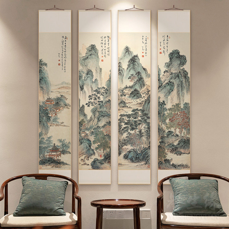 溥心畬山水国画中式卷轴挂画竖版客厅走廊过道装饰画餐厅书房壁画