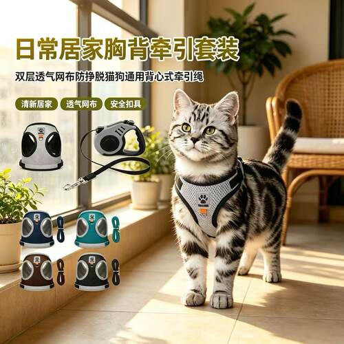 宠物背心式胸背带双层网布透气防挣脱猫狗通用外出遛宠牵引套装