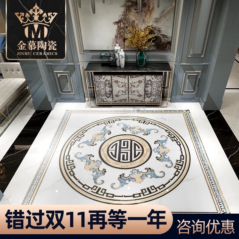 新中式别墅豪宅五福临门蓝色镀金拼花瓷砖客餐厅入户玄关福字拼图