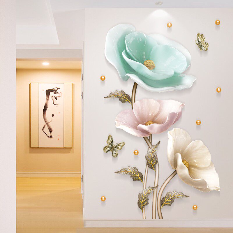 郁金香3D立体墙贴画客厅卧室玄关墙面装饰贴纸背景墙壁纸自粘墙纸