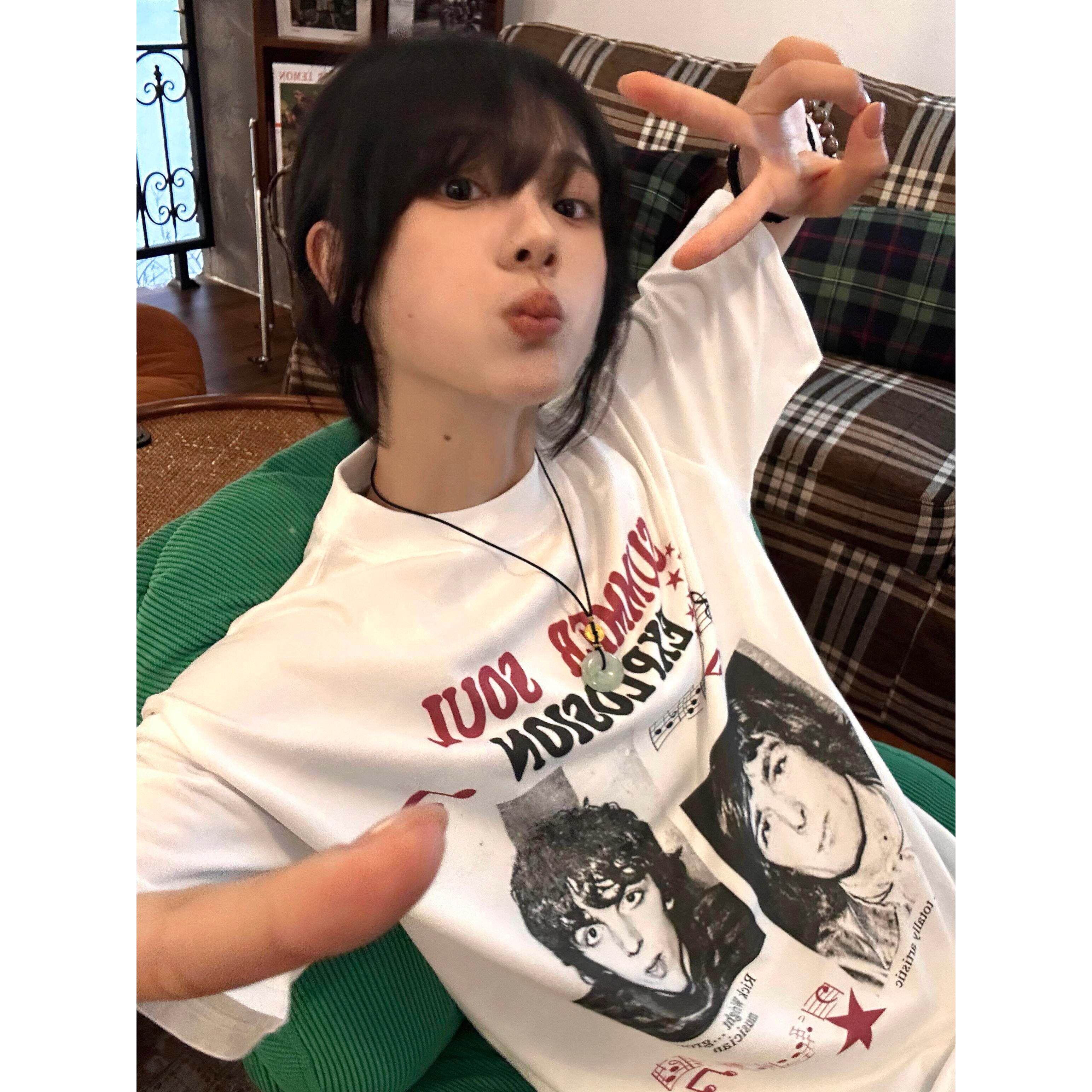 美式复古印花纯棉宽松短袖T恤女