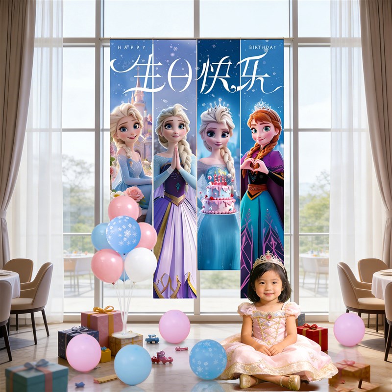 冰雪奇缘主题艾莎公主生日布置气球条幅挂布女孩快乐派对氛围感