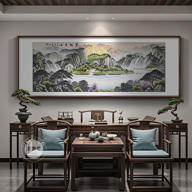 西墙聚财手绘国画山水客厅挂画中式办公室装饰画沙发背景墙水墨画
