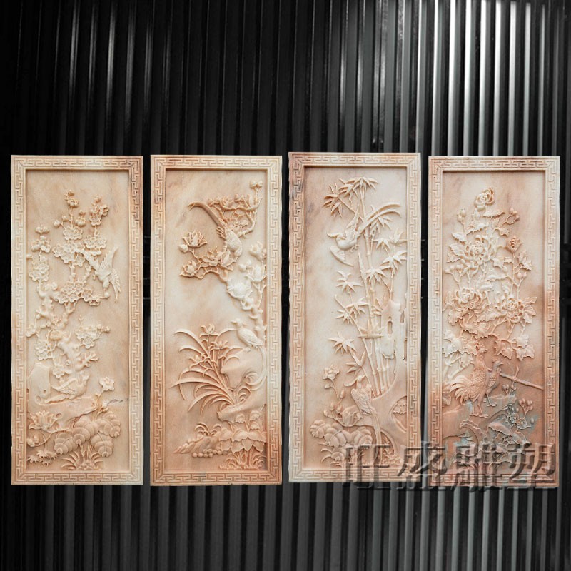 石雕浮雕壁画牡丹莲花福字大理石影壁背景墙屏风晚霞红地雕装饰品
