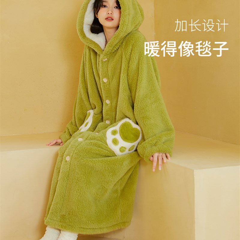 可爱小怪兽长款珊瑚绒睡袍女冬季新款加厚加绒绿色保暖浴袍家居服