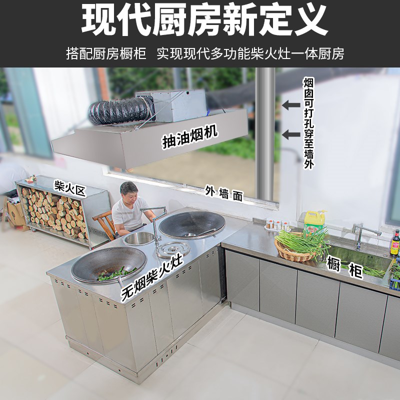 新型加厚不锈钢柴火灶家用烧柴猛火移动高端别墅自建房搭配橱柜