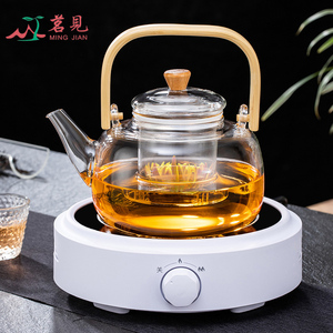 茗见新款浅绿木纹提梁壶泡耐高温玻璃茶壶煮茶器电陶炉烧水壶家用
