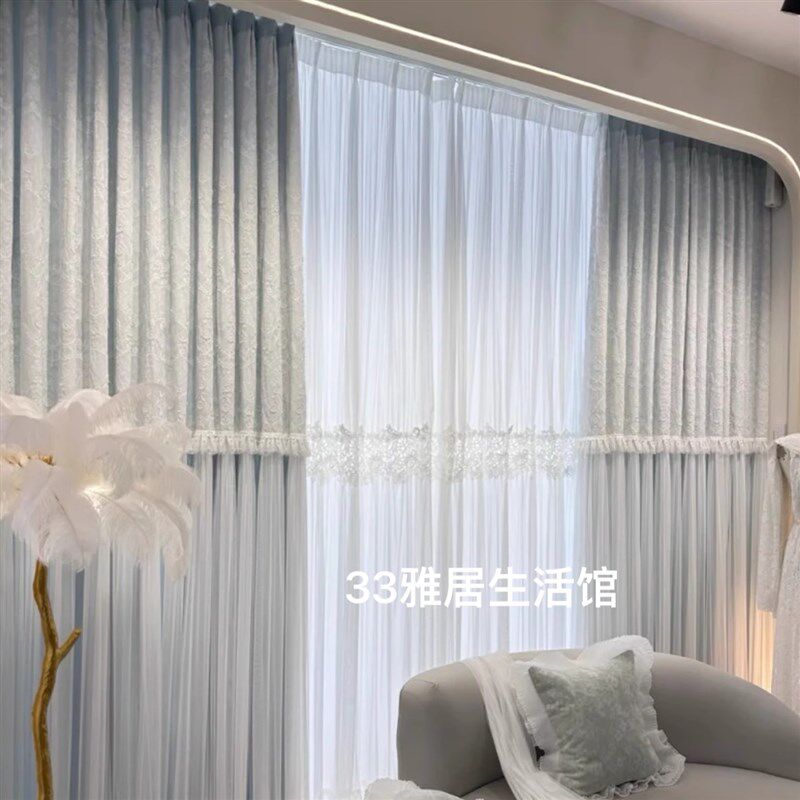 2024新款窗帘法式轻奢欧式蕾丝简约现代客厅卧室遮光布纱一体浅灰