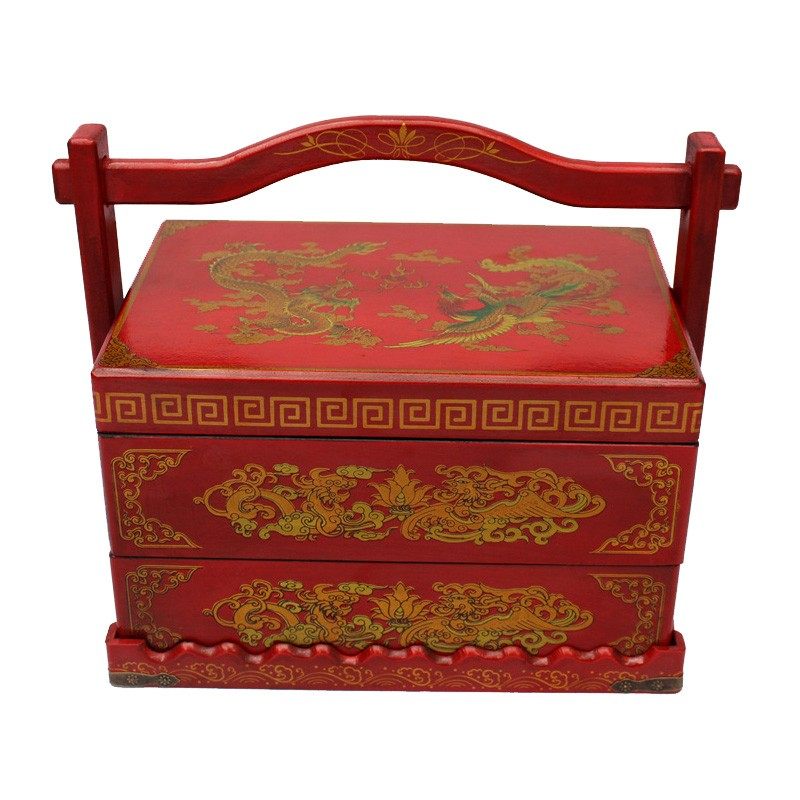 仿古代中式食盒结婚庆陪嫁红色复古装送餐饭盒木质手提篮多层道具