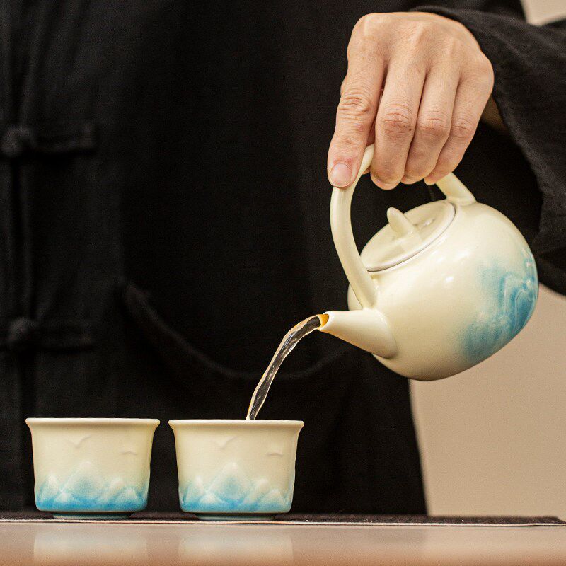 米黄远山提梁茶壶泡茶器家用防烫景德镇陶瓷一人饮单壶功夫茶具