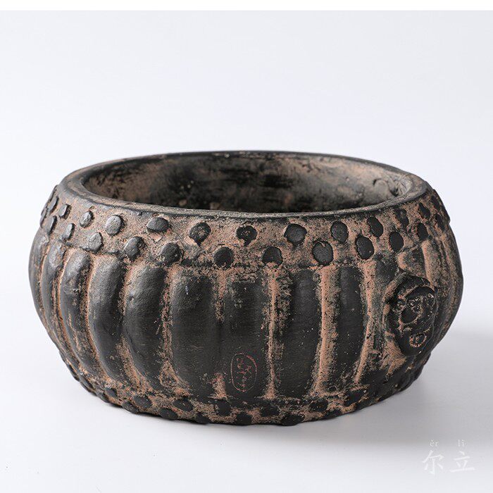 仿古典中国风粗陶石鼓形盆景微景观圆盆一叶莲铜钱草盆水培花盆器
