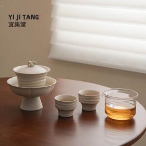 川江中古风功夫茶具套装高颜值泡茶碗海浪设计三才盖碗套装