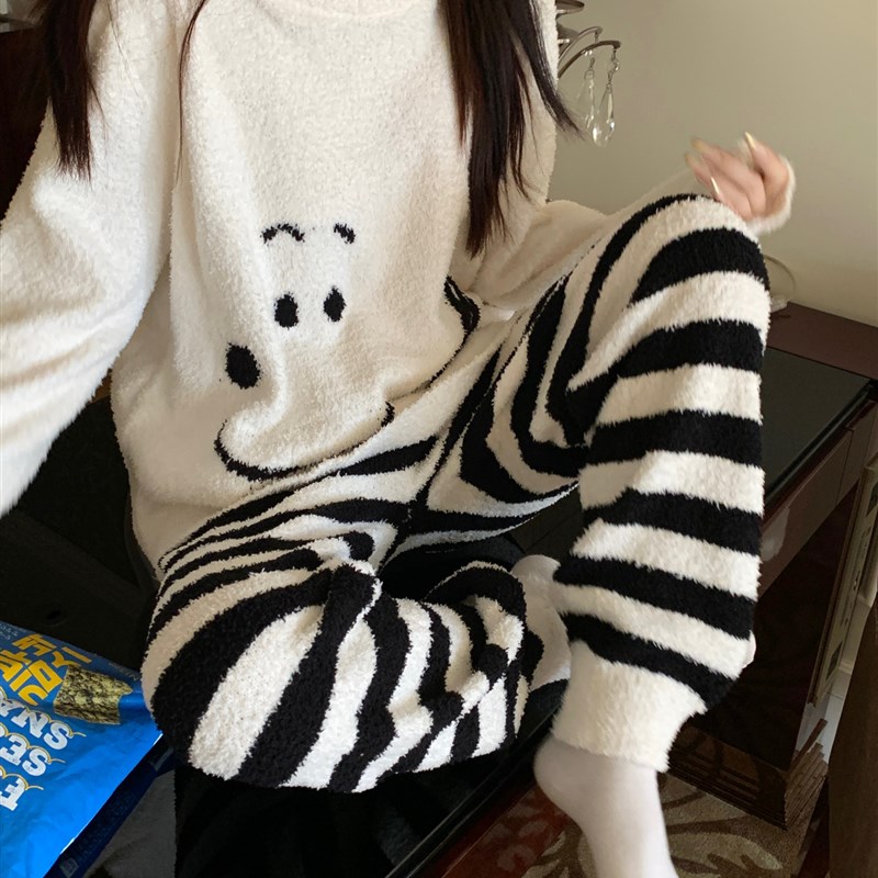 大码加厚半边绒睡衣女款冬季2024新款秋冬天薄款珊瑚绒家居服套装