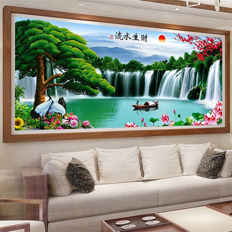 新款钻石画流水生财贴钻十字绣迎客松客厅大幅山水画风景满砖石绣
