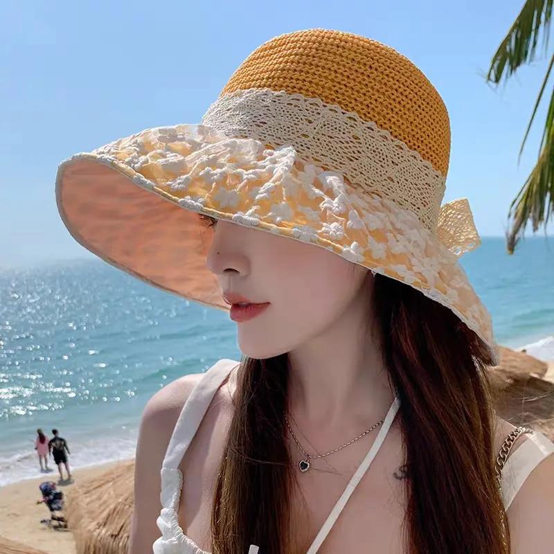 遮阳草帽夏季蕾丝蝴蝶结遮阳帽女士出游防晒帽大帽簷沙滩海边渔夫