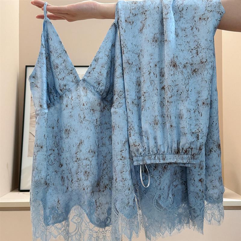Sin Glee 高级感蕾丝花边缎面冰丝睡衣女夏季轻奢吊带家居服套装