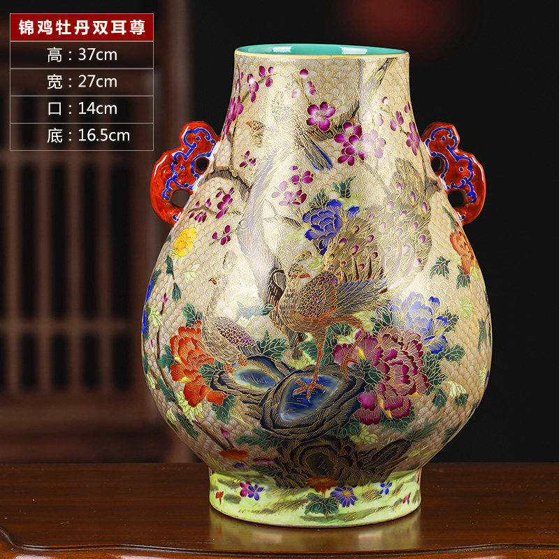 拉丝珐琅彩花瓶手绘陶瓷金色福桶尊童子 仿古装饰品新婚客厅摆件