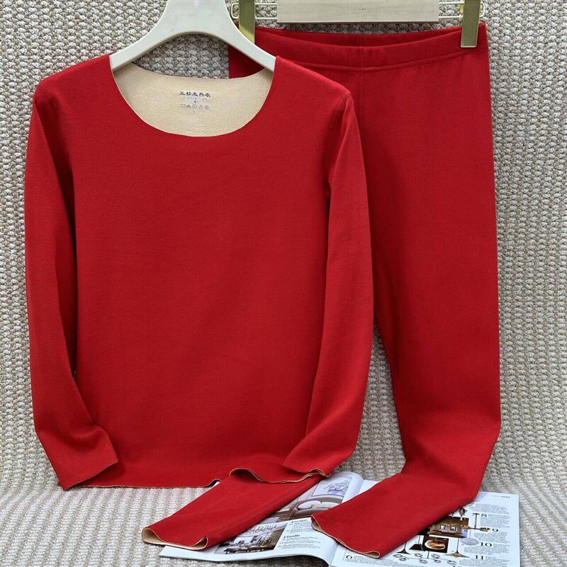 德绒无痕保暖内衣女加绒秋衣秋裤套装双面绒自发热双层保暖打底套