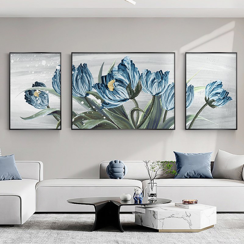 北欧风客厅装饰画肌理感蓝色花卉画轻奢沙发背景墙挂画大气三联画