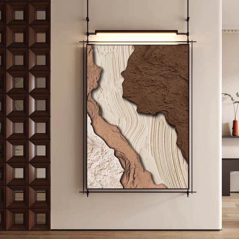 现代中式吊杆挂画客厅玄关样板房墙面装饰画金属立体发光抽象壁画
