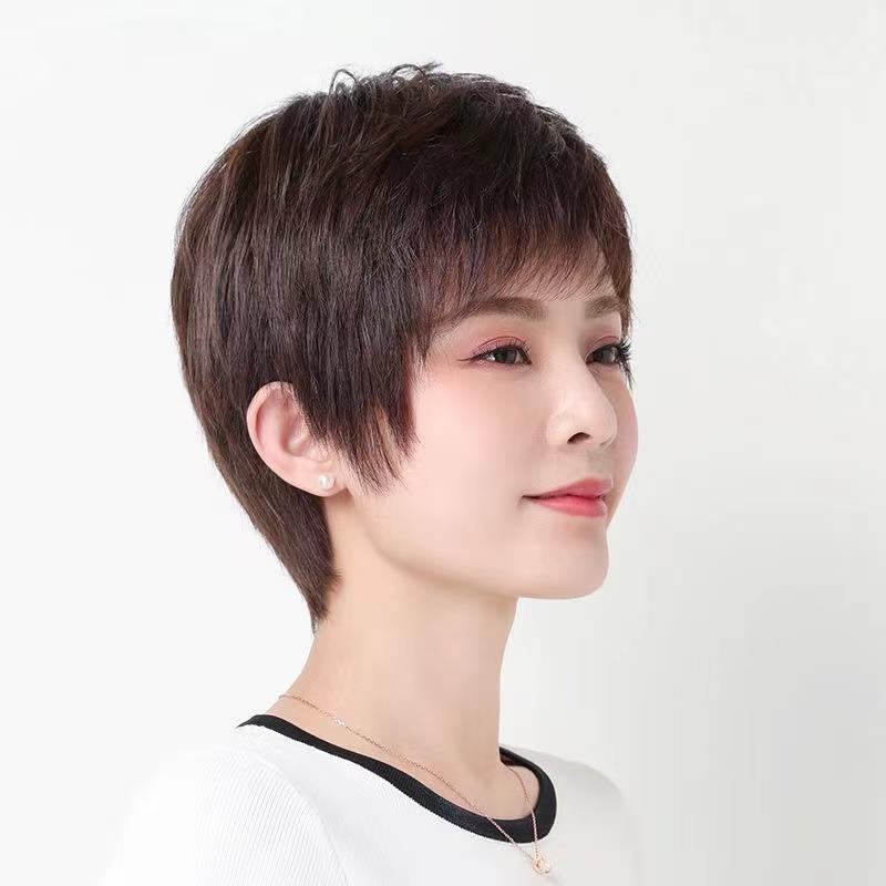 夏季轻薄款假发女士短发斜刘海真人发丝时尚短发自然透气假发套