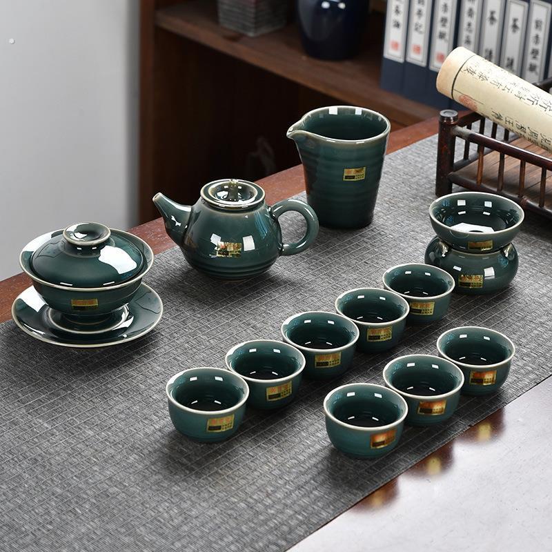 高档御青瓷陶瓷茶具套装整套功夫茶具哥窑蜜釉开片可养木盒茶具