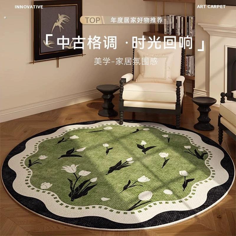 高级感中古风圆形地毯客厅梳妆台地垫防水防污化妆椅卧室绿色脚垫