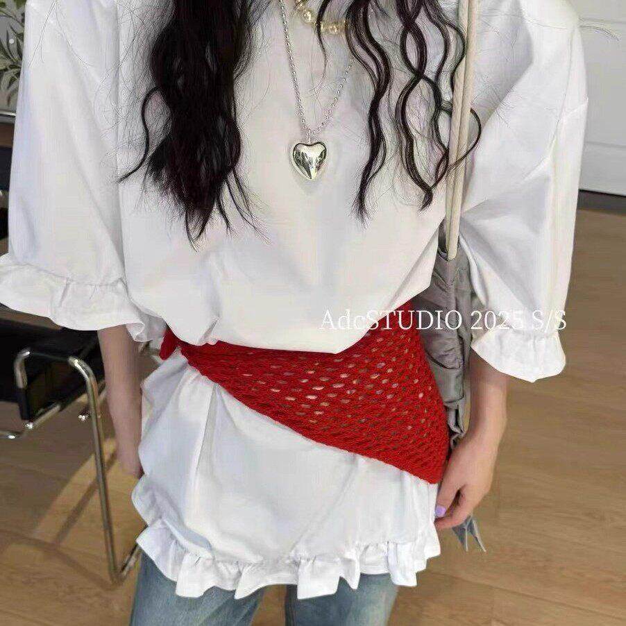 镂空腰间围巾女2025夏季新款韩版绑带显瘦纯色针织三角巾屁帘头饰