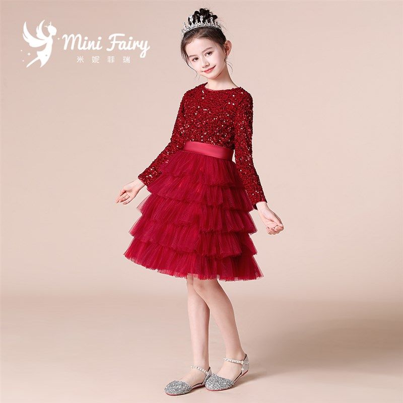 儿童生日礼服女童长袖公主裙蓬蓬纱裙女孩主持人比赛红色礼服冬款