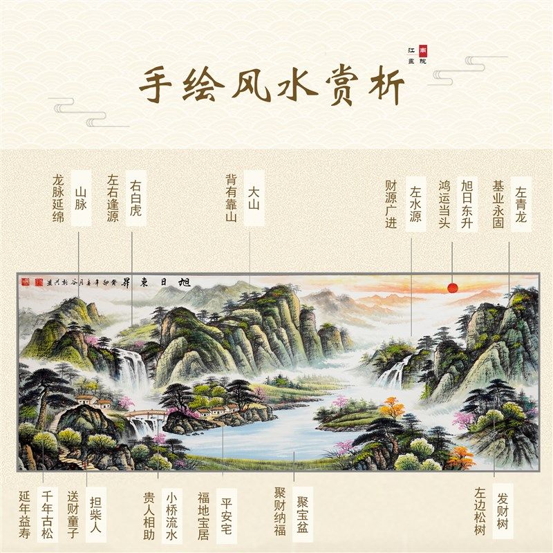 旭日东升国画山水画手绘中式客厅挂画沙发背景墙办公室书房装饰画