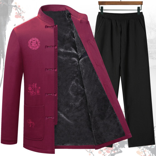 老年唐装男中老年中国风爸爸装棉服加绒加厚衣服爷爷装棉衣秋冬季