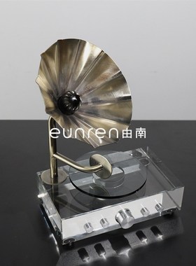新中式轻奢复古水晶留声机摆件样板房间家居客厅玄关桌面软装饰品