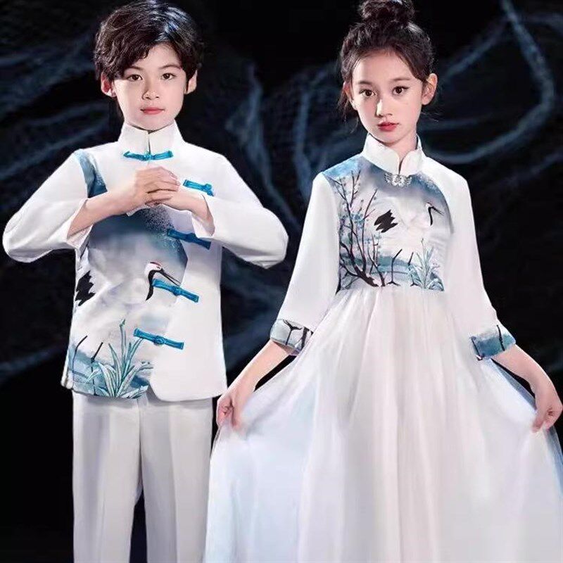 儿童中国风朗诵演出服长裙中小学生古筝表演服礼服汉服合唱青花瓷