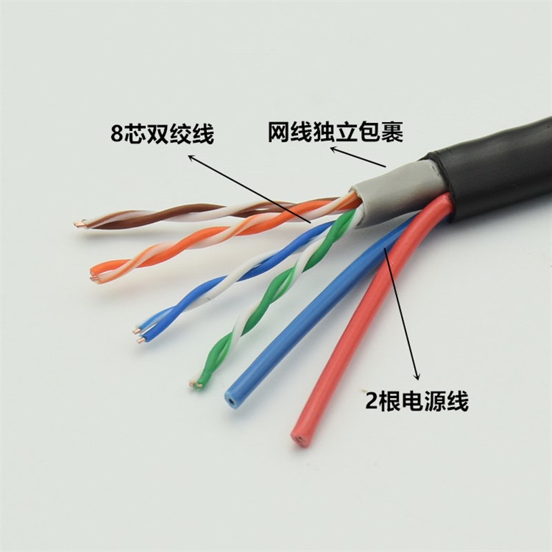 网线电源一体线网络综合线8芯0.5无氧铜纯铜网线带2*1.0电源300米