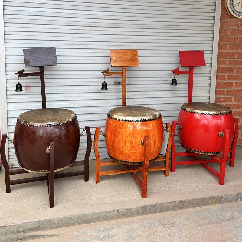 椿木黄牛皮铃钟鼓道场寺庙用鼓法器带帝钟实木鼓架诵经鼓佛具用品