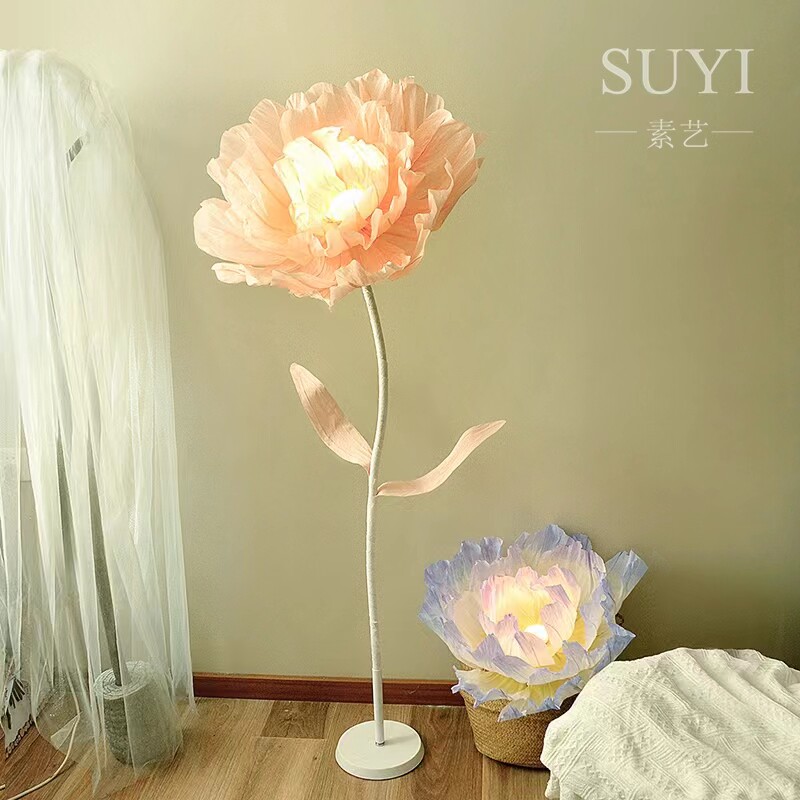 自制手工花朵灯巨型DIY氛围花朵灯纸艺花落地灯皱纹纸材料包素艺图片